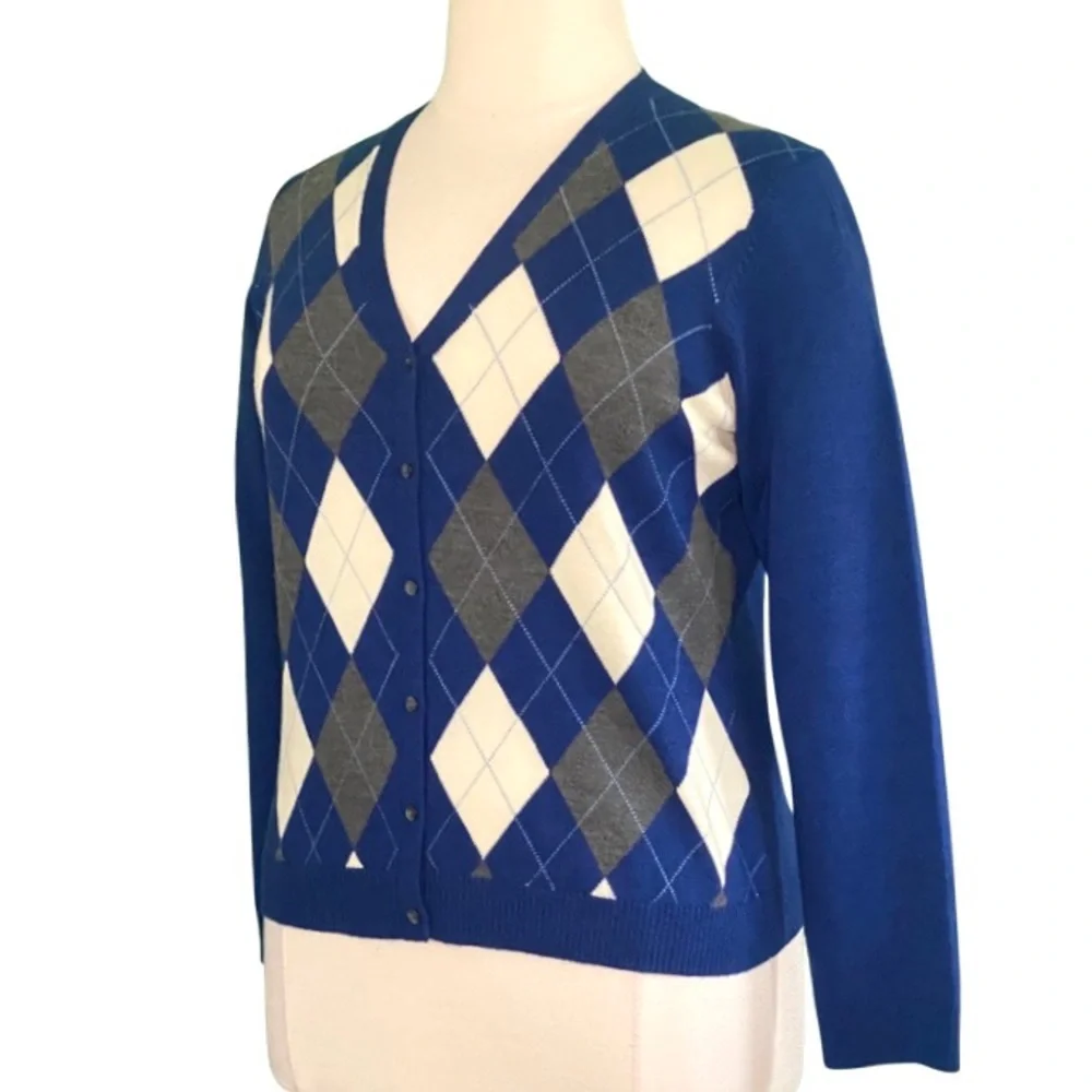 Brooks Brothers Long Sleeve 100% Merino Wool Blue-Gray Argyle Cardigan Size XL - Picture 2 of 5